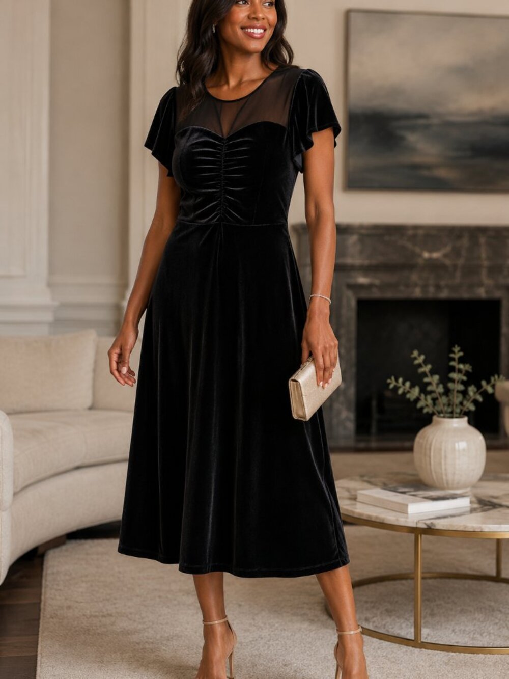 London Times Black Velvet Mesh-Yoke Dress Size 8 NWT Classic Evening Dress - Picture 2 of 6